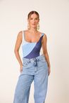 Body Estilo Maiô Mesclado Azul com Decote U