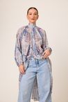 Bata Assimétrica Chiffon Estampada Azul