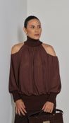 Blusa com Gola Recortes Vazados - Marrom