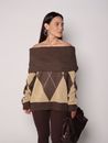 Blusa com Pala em Tricot Xadrez - Marrom 