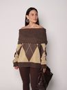 Blusa com Pala em Tricot Xadrez - Marrom 