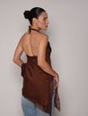 Blusa Assimétrica Frente Unica em Renda - Marrom 