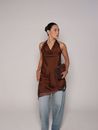 Blusa Assimétrica Frente Unica em Renda - Marrom 