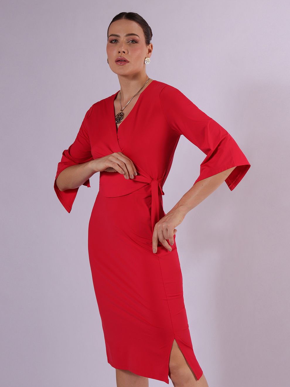 Vestido Midi com Mangas ¾ Vermelho