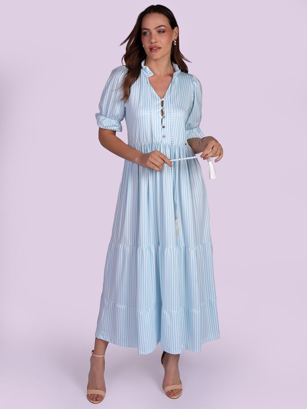 Vestido Listras Finas com Manga Bufante Azul e Branco