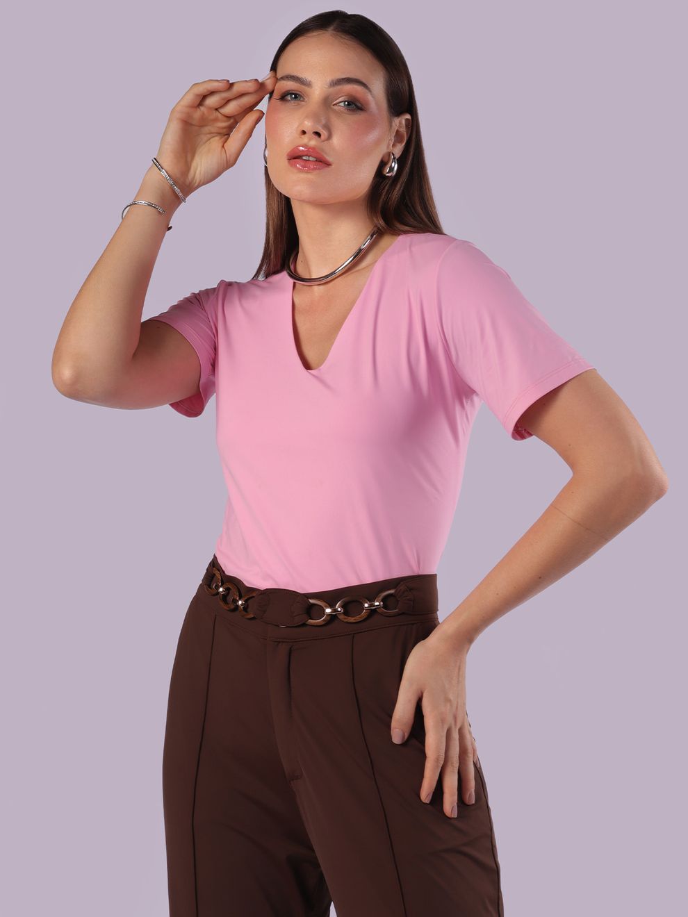 Blusa com Manga e Decote V Rosa Baby