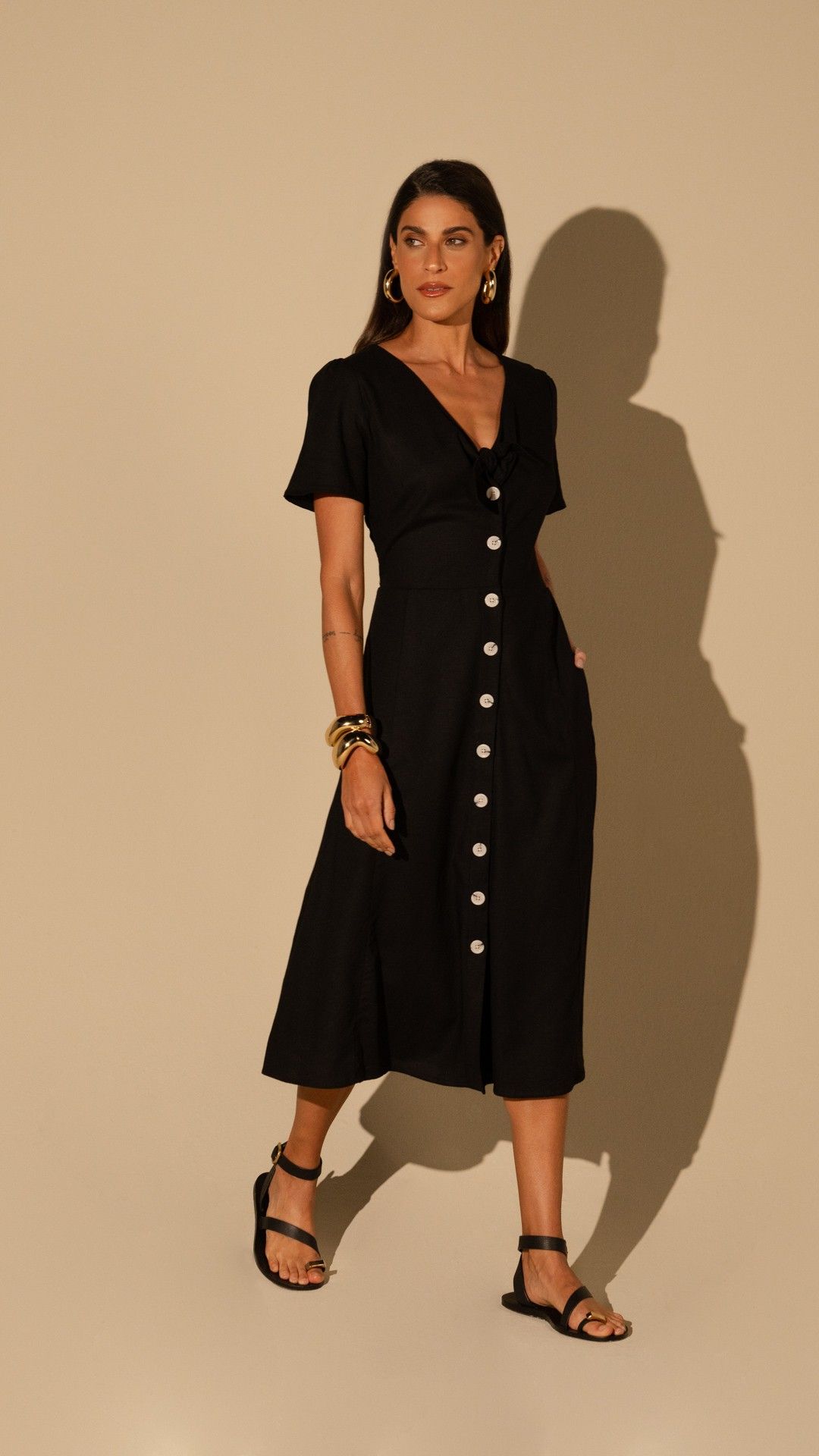 VESTIDO MIDI MANGA C VISCOLINHO BOTOES E NO