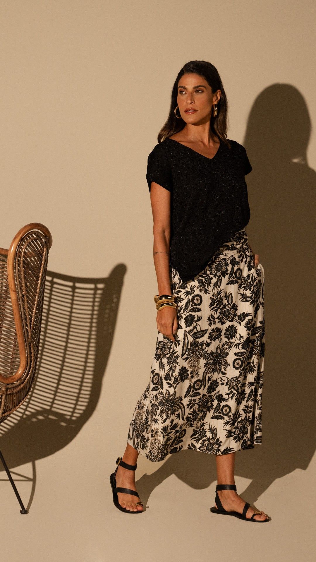 SAIA MIDI VISCOSE JARDIM FIO LUREX