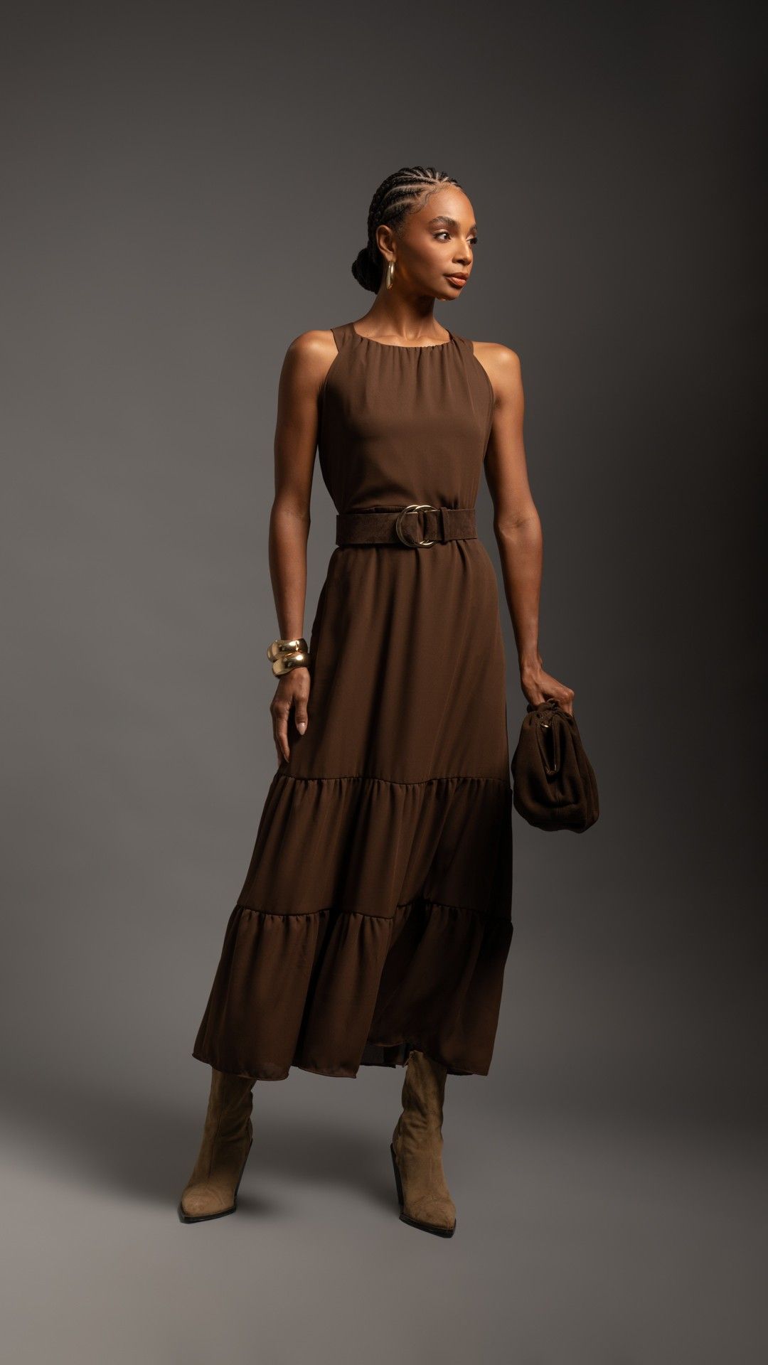 VESTIDO LONGO S/ MANGA CHIFFON CAMADA BARRA