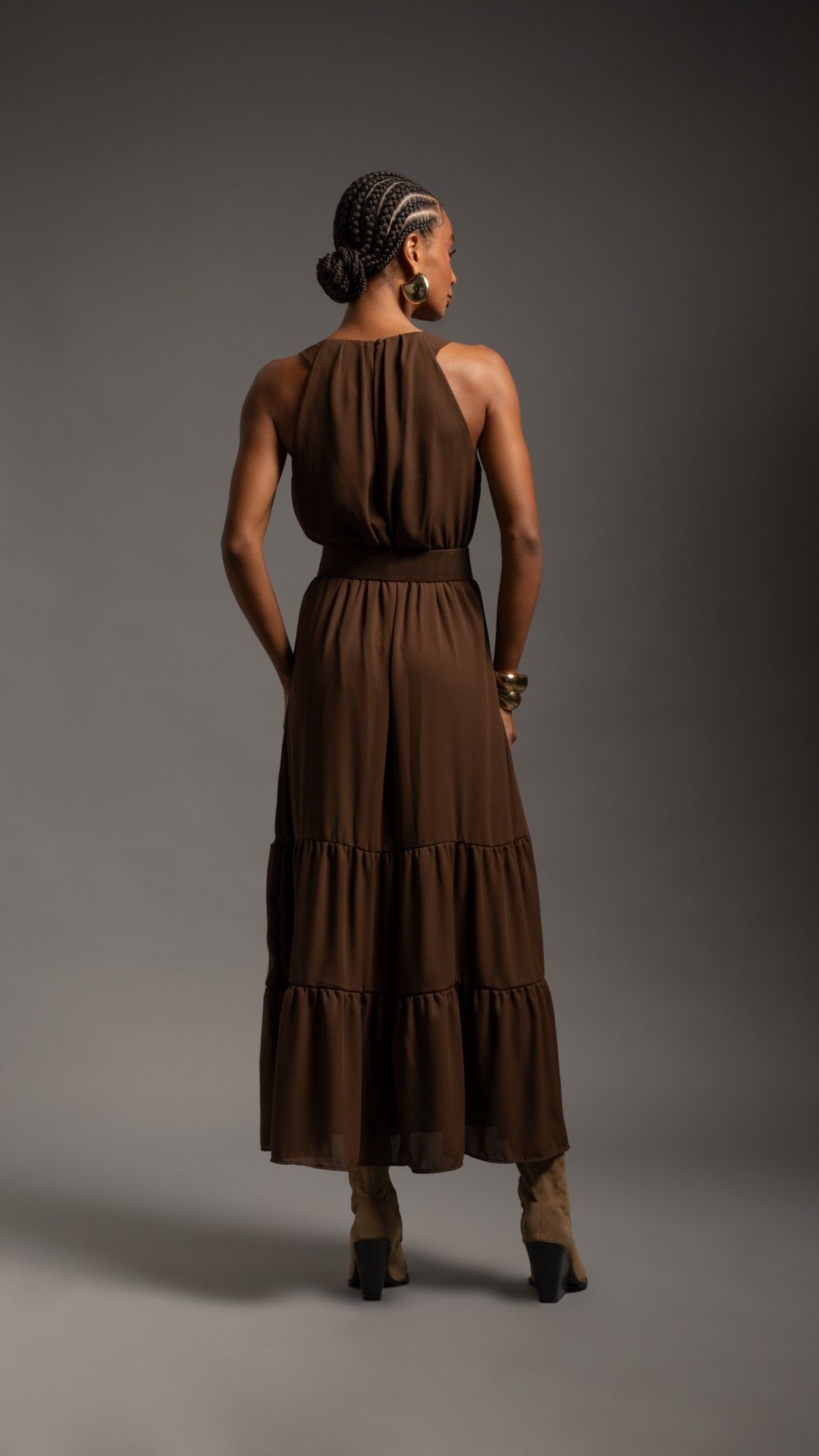 VESTIDO LONGO S/ MANGA CHIFFON CAMADA BARRA