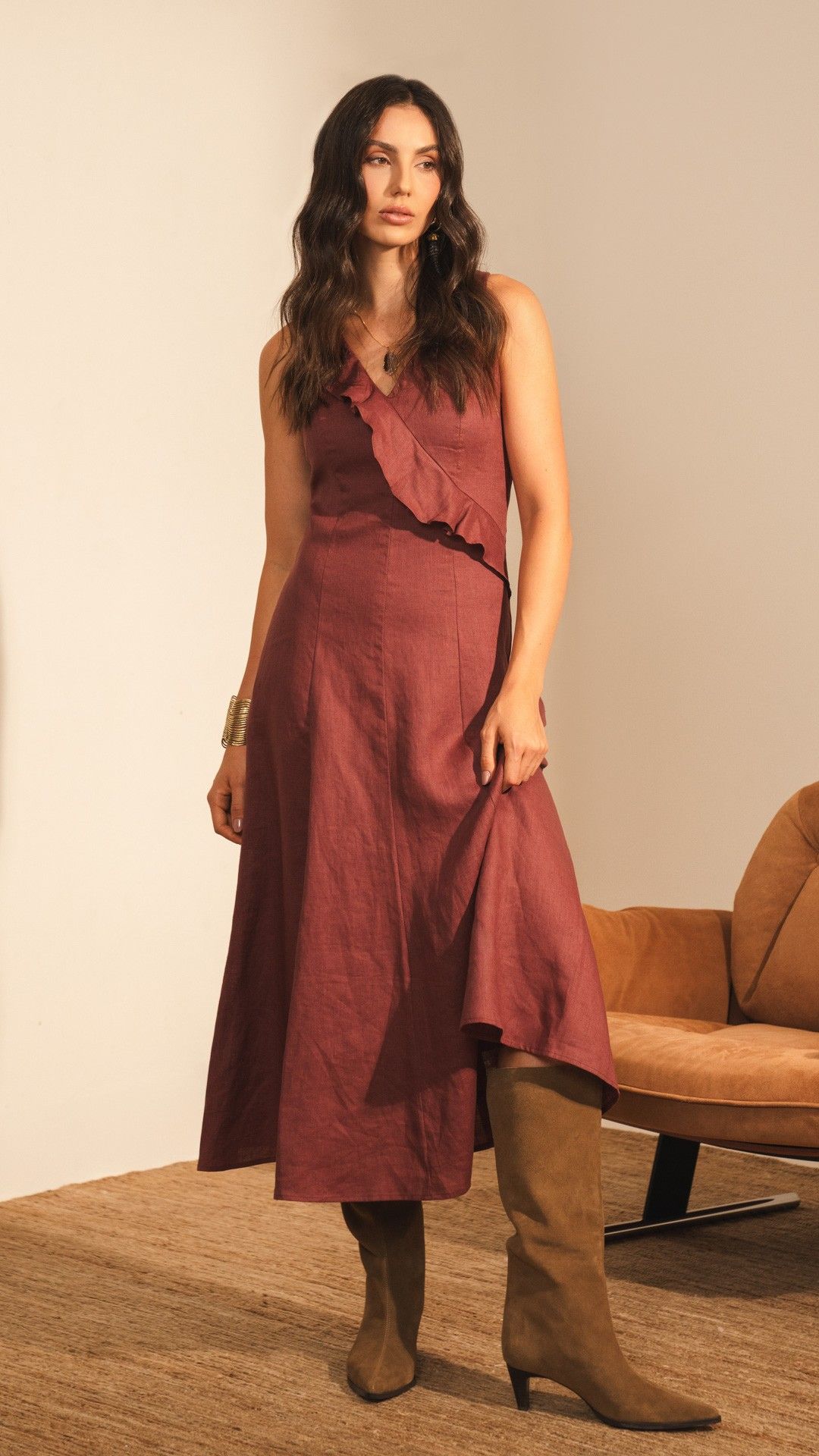VESTIDO MIDI S/ MANGA LINHO BABADOS