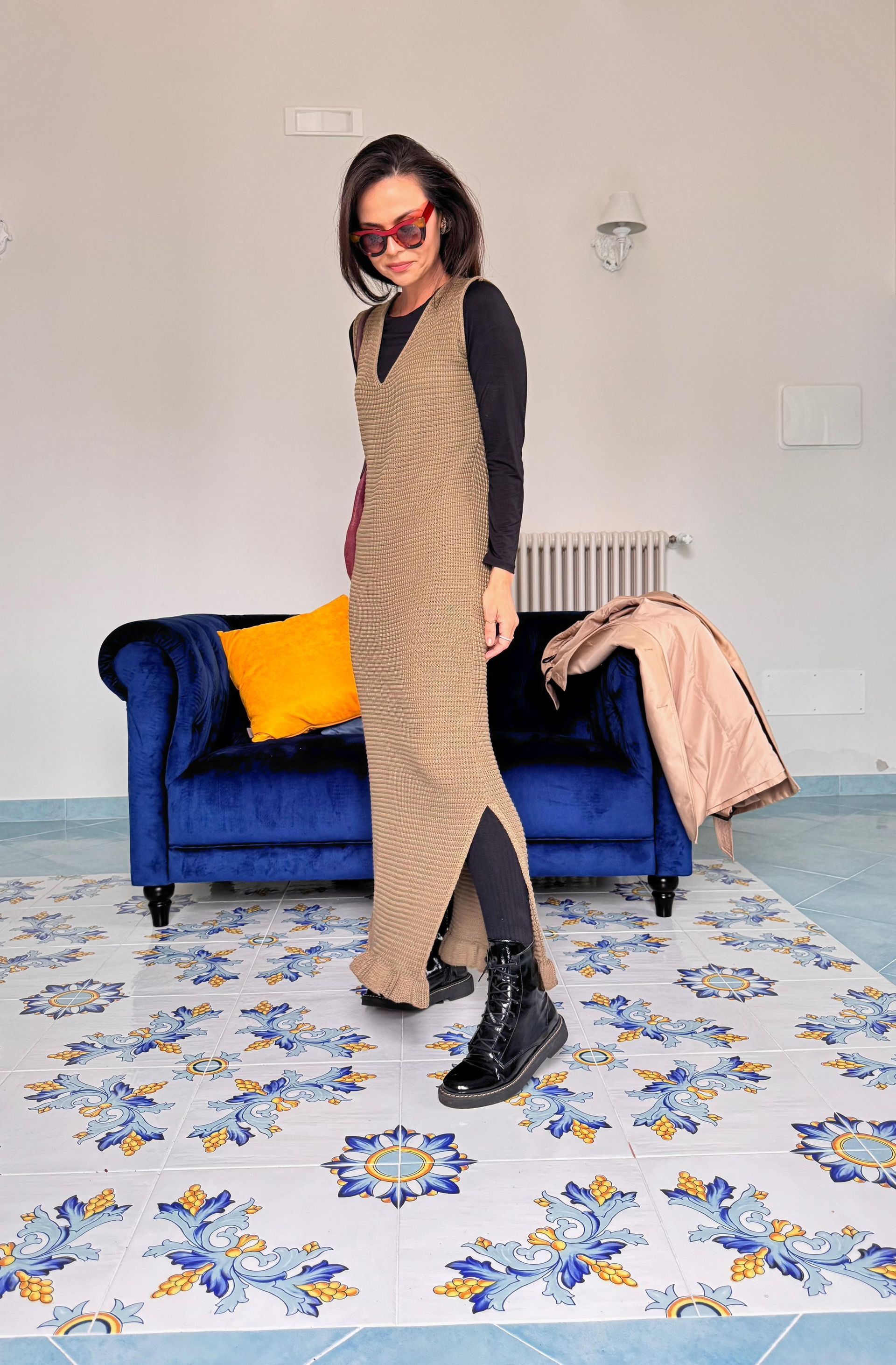 VESTIDO MIDI S/ MANGA TRICOT BABADO