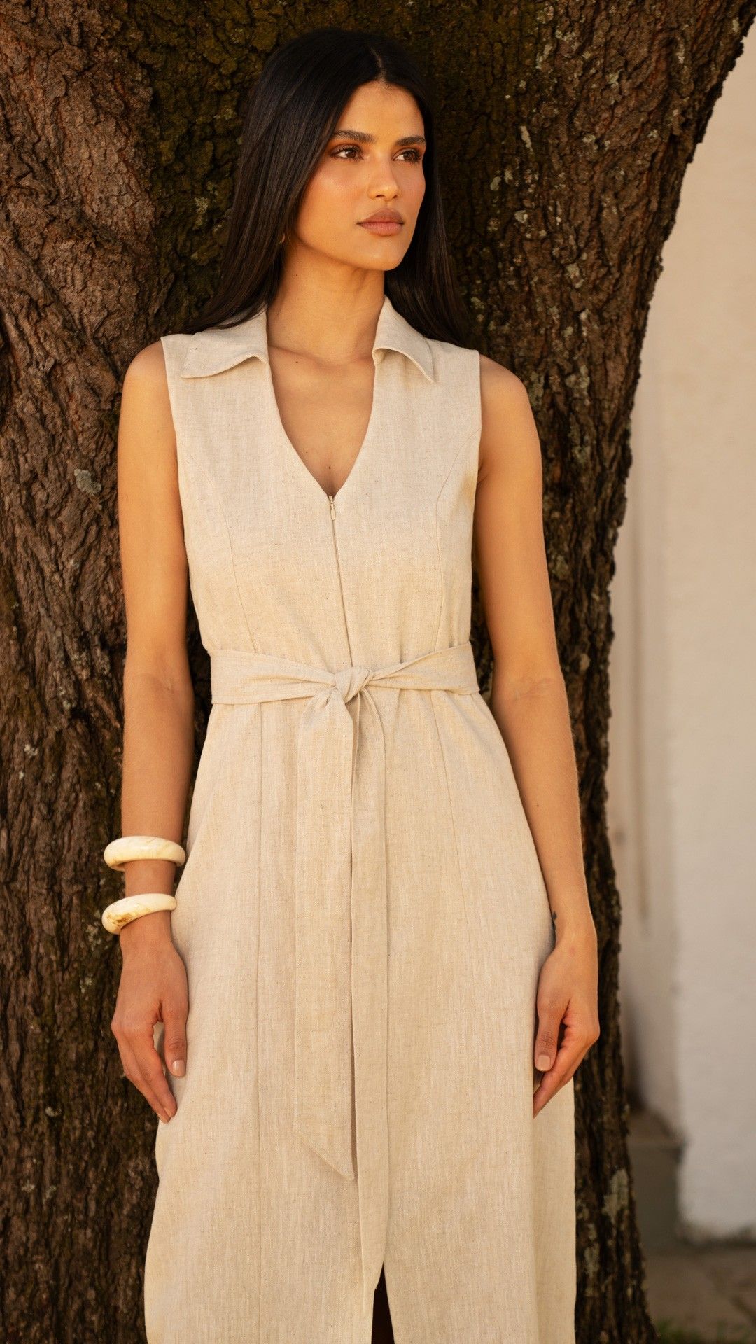 VESTIDO LINHO BRISA ITALIANO FENDA MIDI S/ MANGA