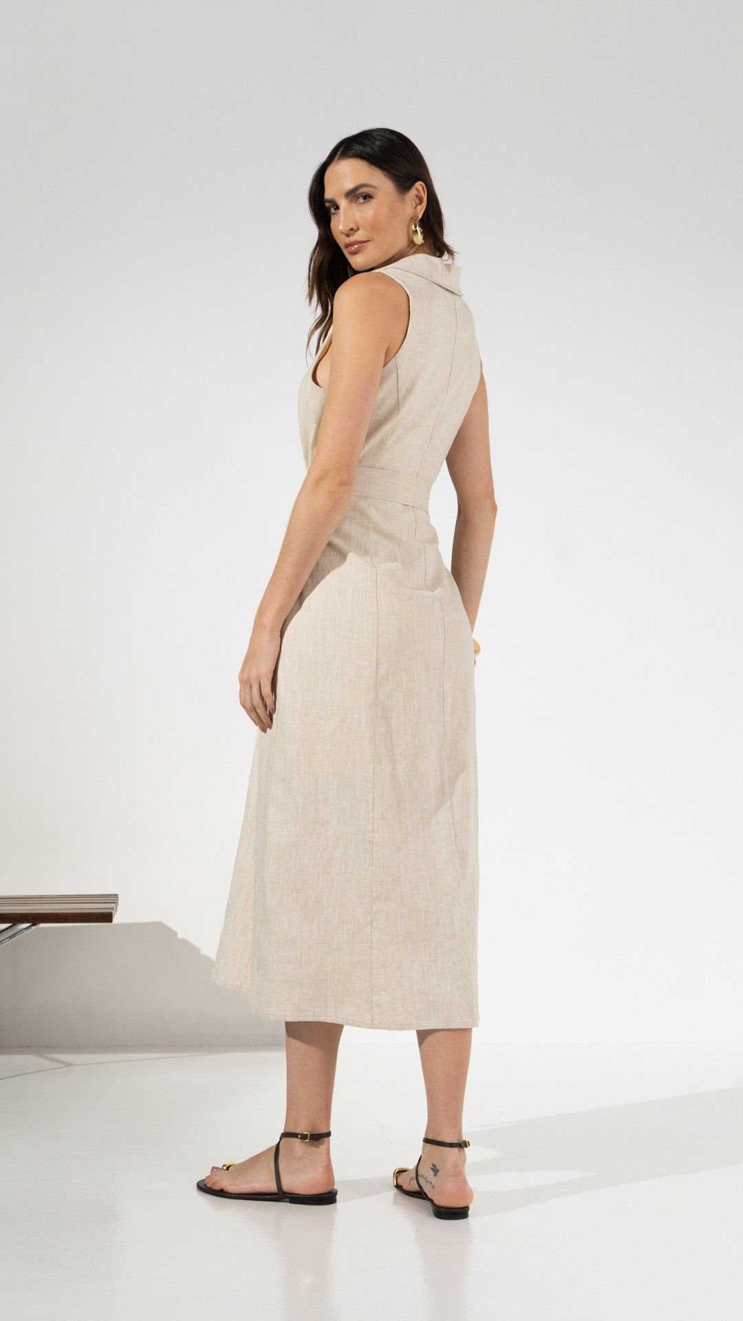VESTIDO LINHO BRISA ITALIANO FENDA MIDI S/ MANGA