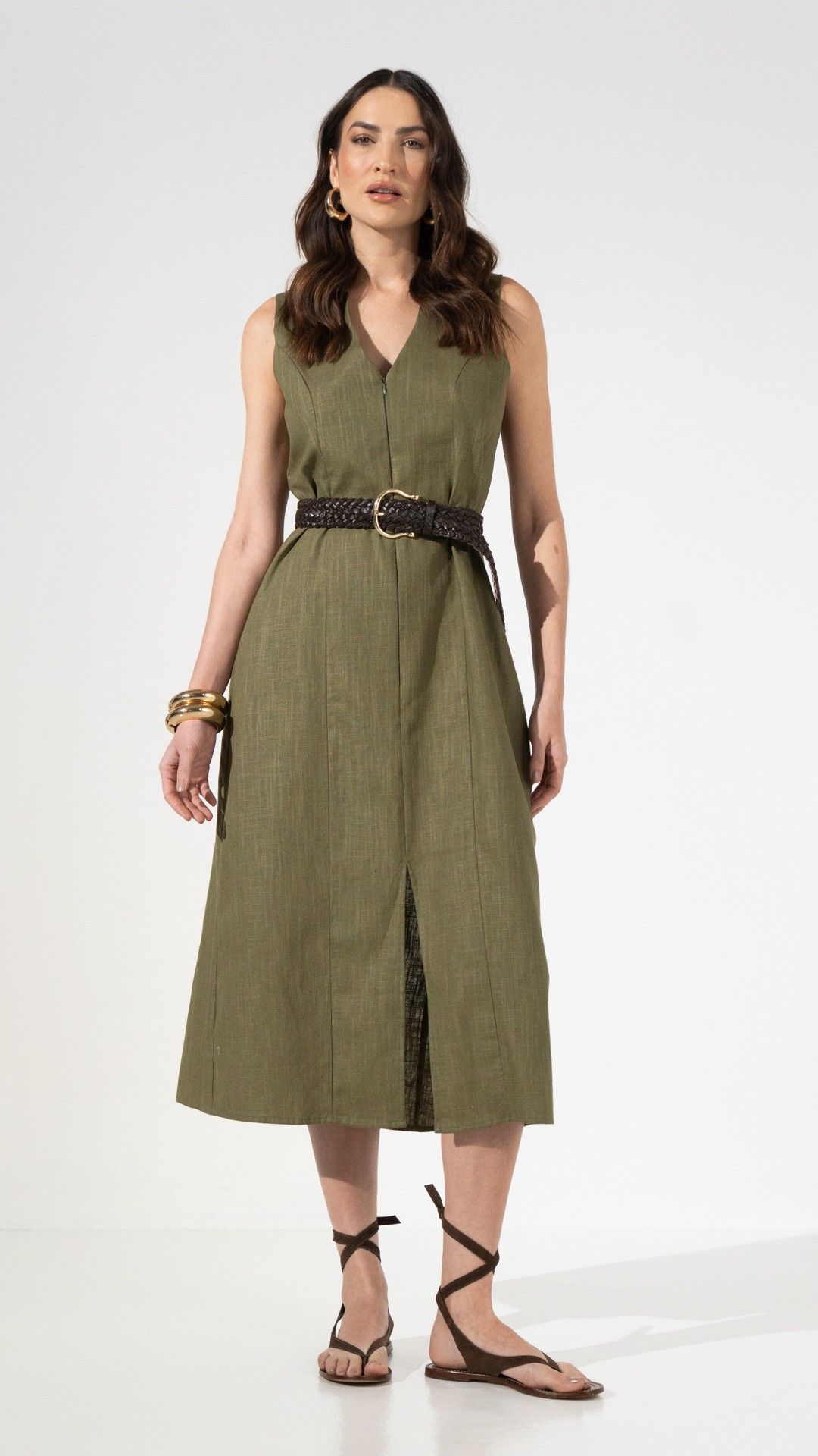 VESTIDO LINHO BRISA ITALIANO FENDA MIDI S/ MANGA