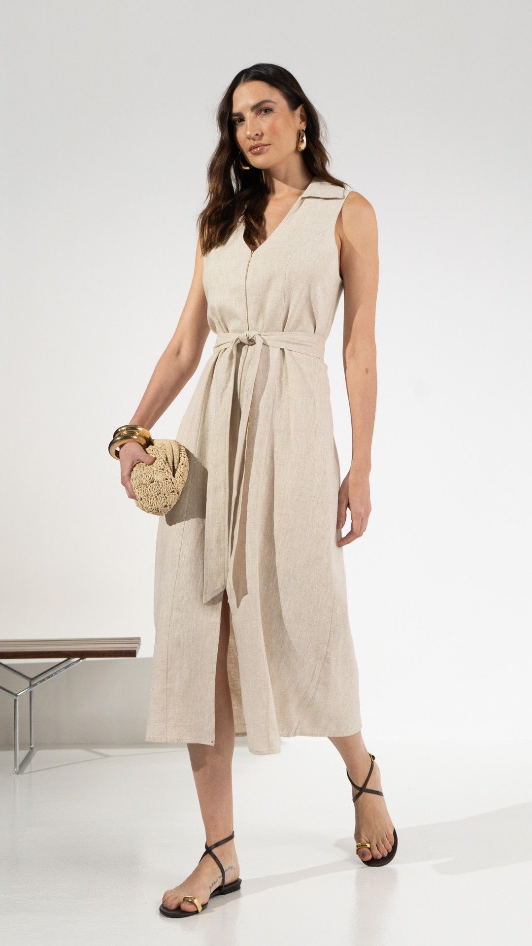 VESTIDO LINHO BRISA ITALIANO FENDA MIDI S/ MANGA