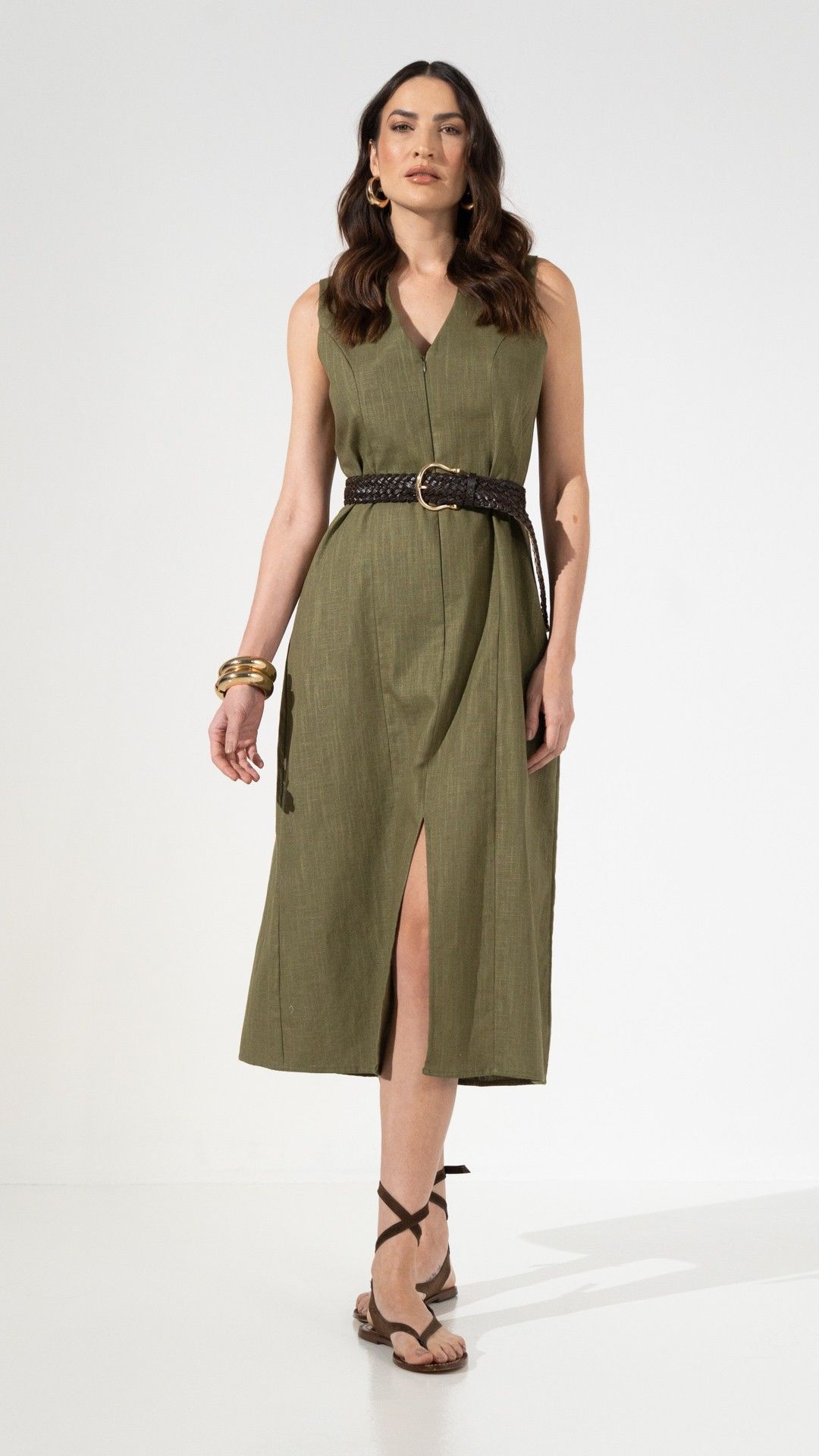 VESTIDO LINHO BRISA ITALIANO FENDA MIDI S/ MANGA
