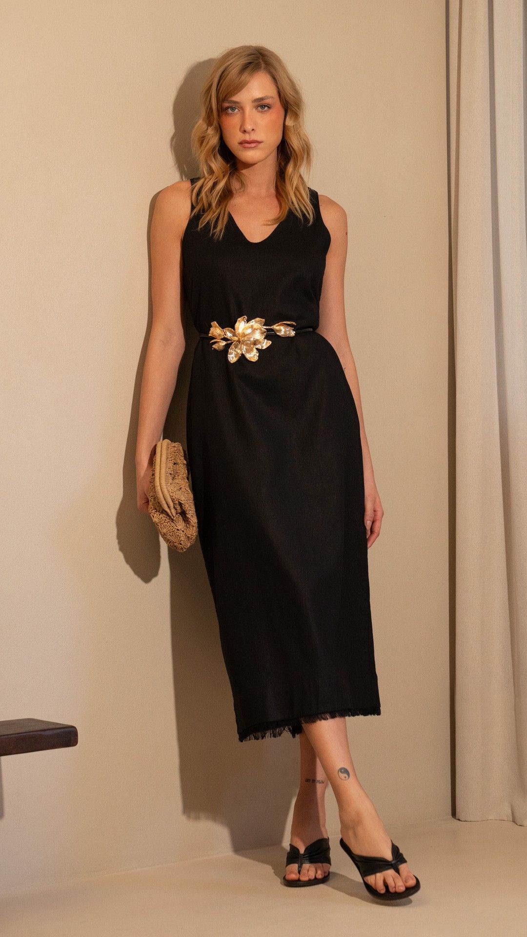VESTIDO LINHO CAIENA W.P. FRANJA MIDI S/ MANGA