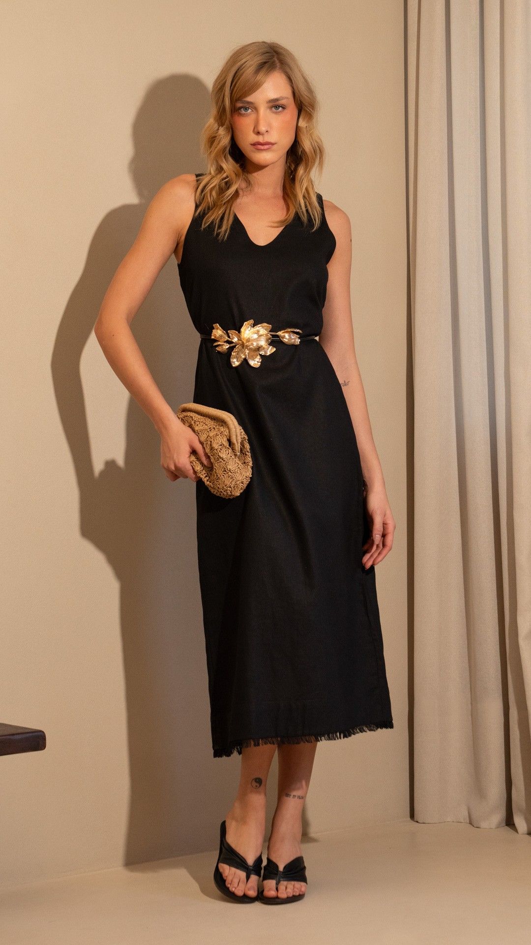 VESTIDO LINHO CAIENA W.P. FRANJA MIDI S/ MANGA