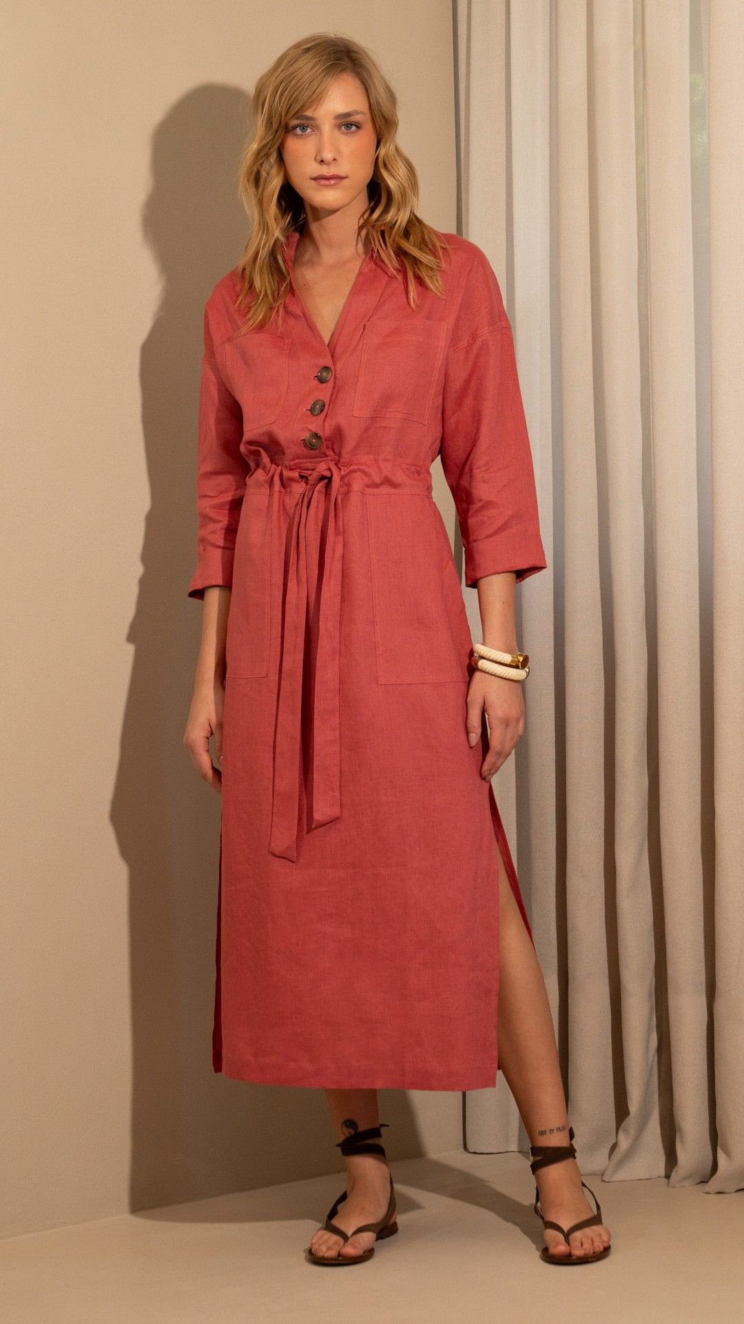 VESTIDO LINHO BRISA ITALIANO MIDI MANGA L.