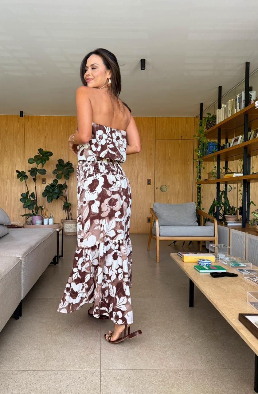 VESTIDO CREPE TERRA FLORAL TEXTURIZADO LONGUETE S/ ALÇA