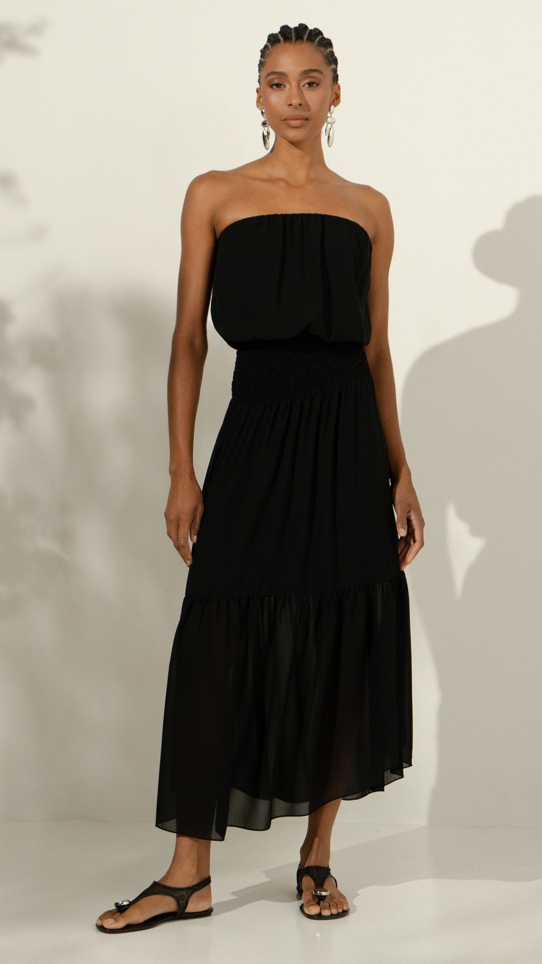 VESTIDO CREPE CHIFFON S/ ALÇA MIDI