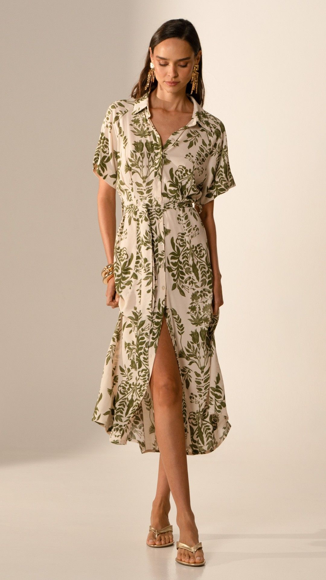 VESTIDO VISCOSE FOLHAS CHEMISE MIDI MANGA C.