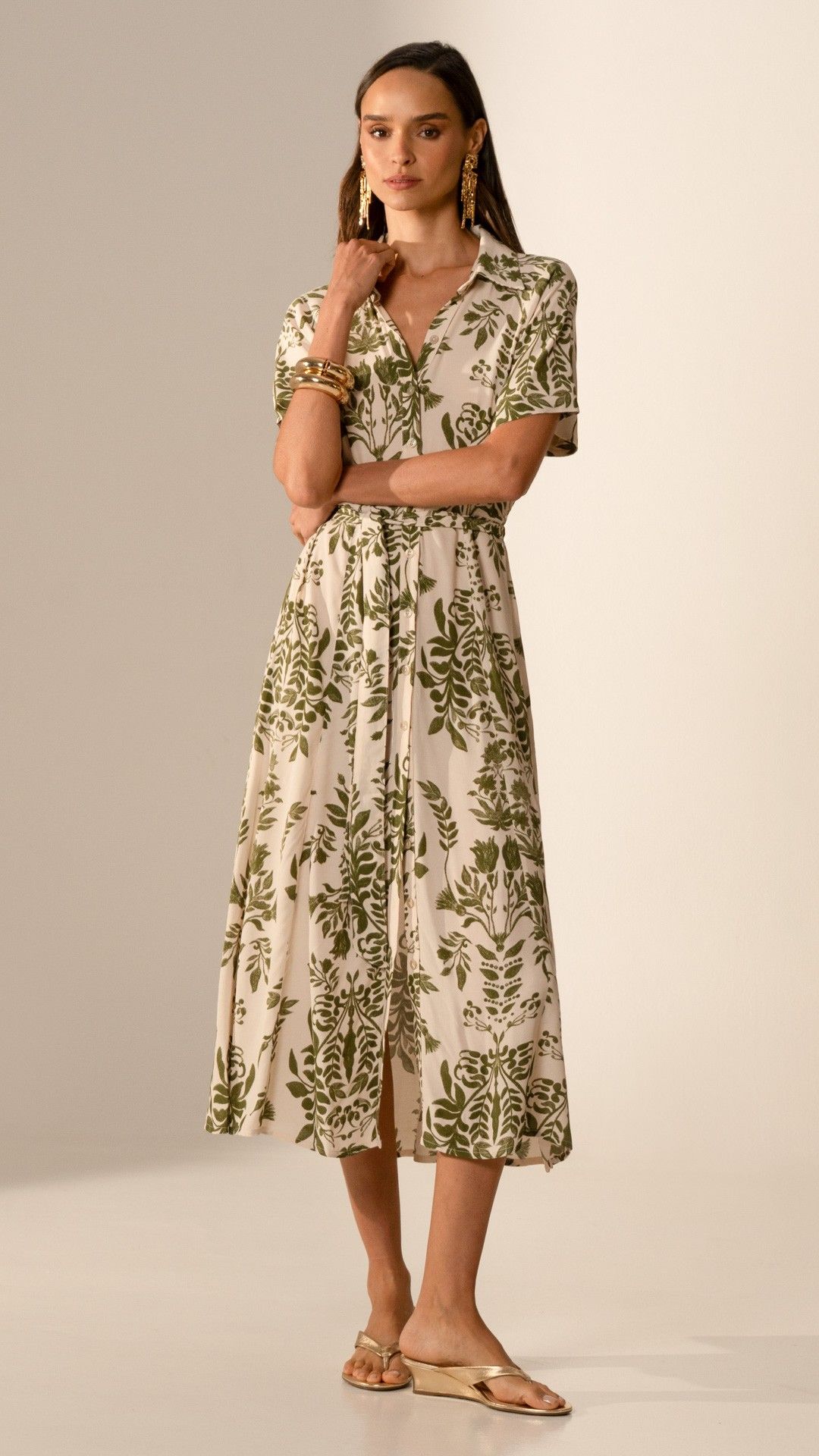 VESTIDO VISCOSE FOLHAS CHEMISE MIDI MANGA C.
