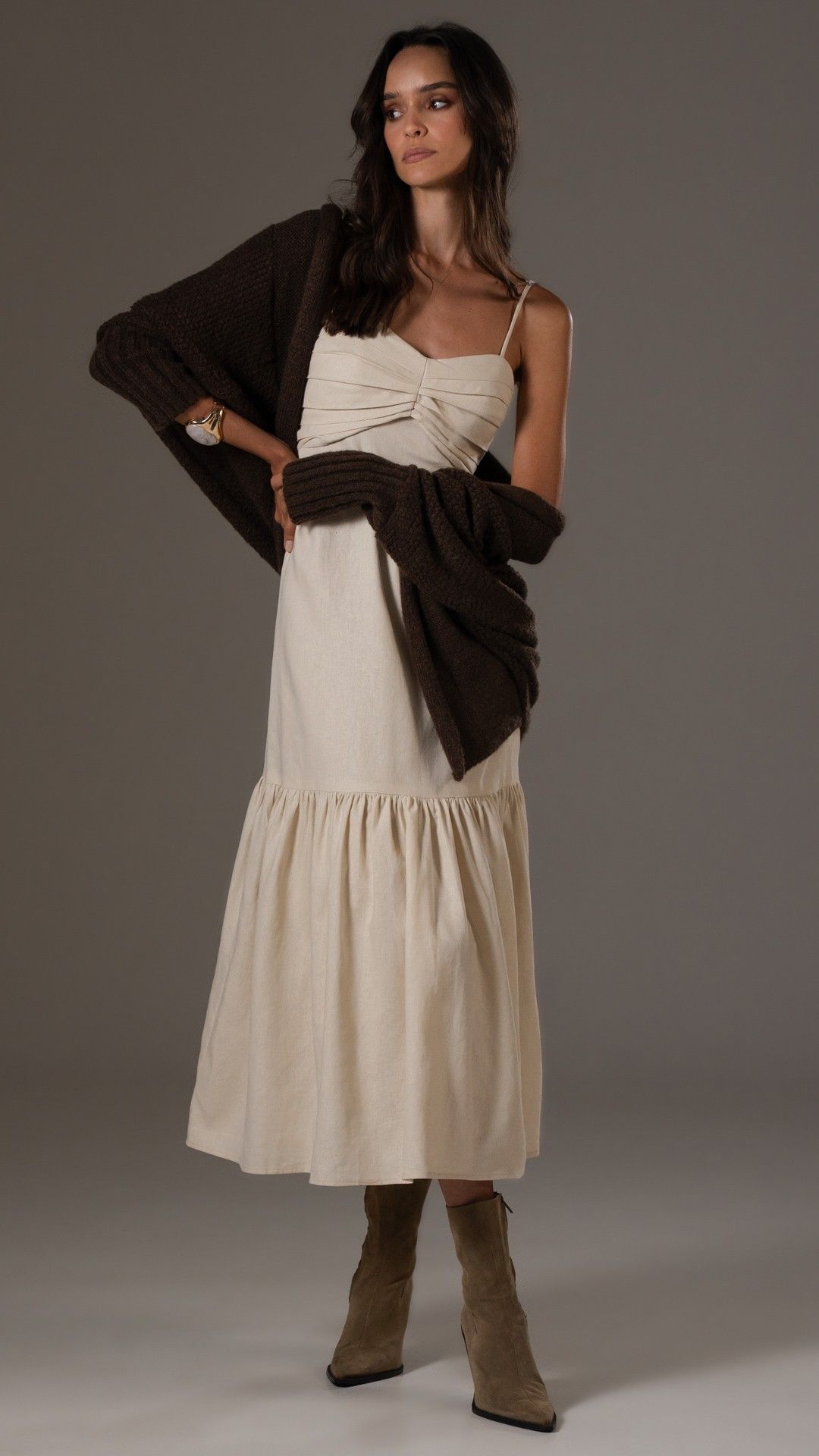 VESTIDO LINHO WASH DRAPEADO ALÇA MIDI