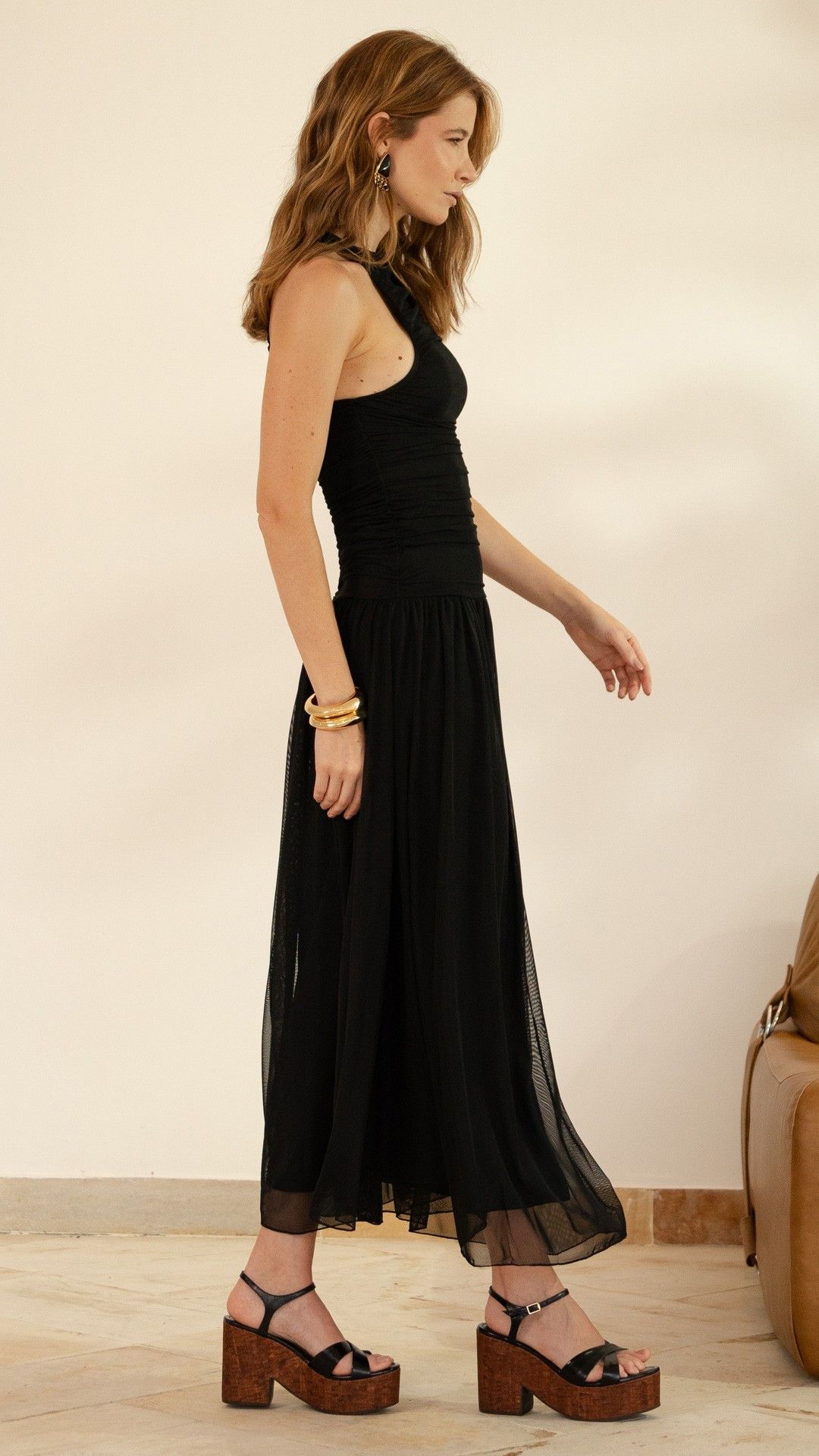 VESTIDO TULE URBAN DRAPEADO S/ MANGA LONGUETE