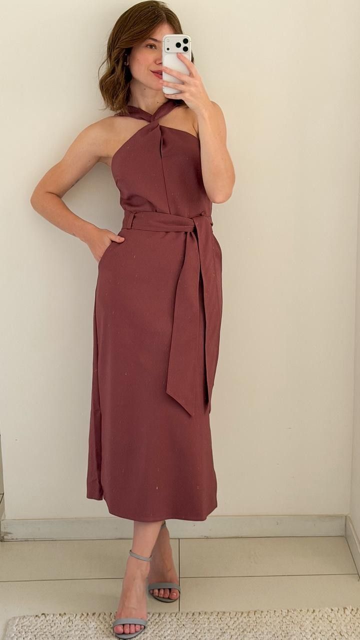 VESTIDO PLANE COTTON CRUZADO S/ MANGA MIDI