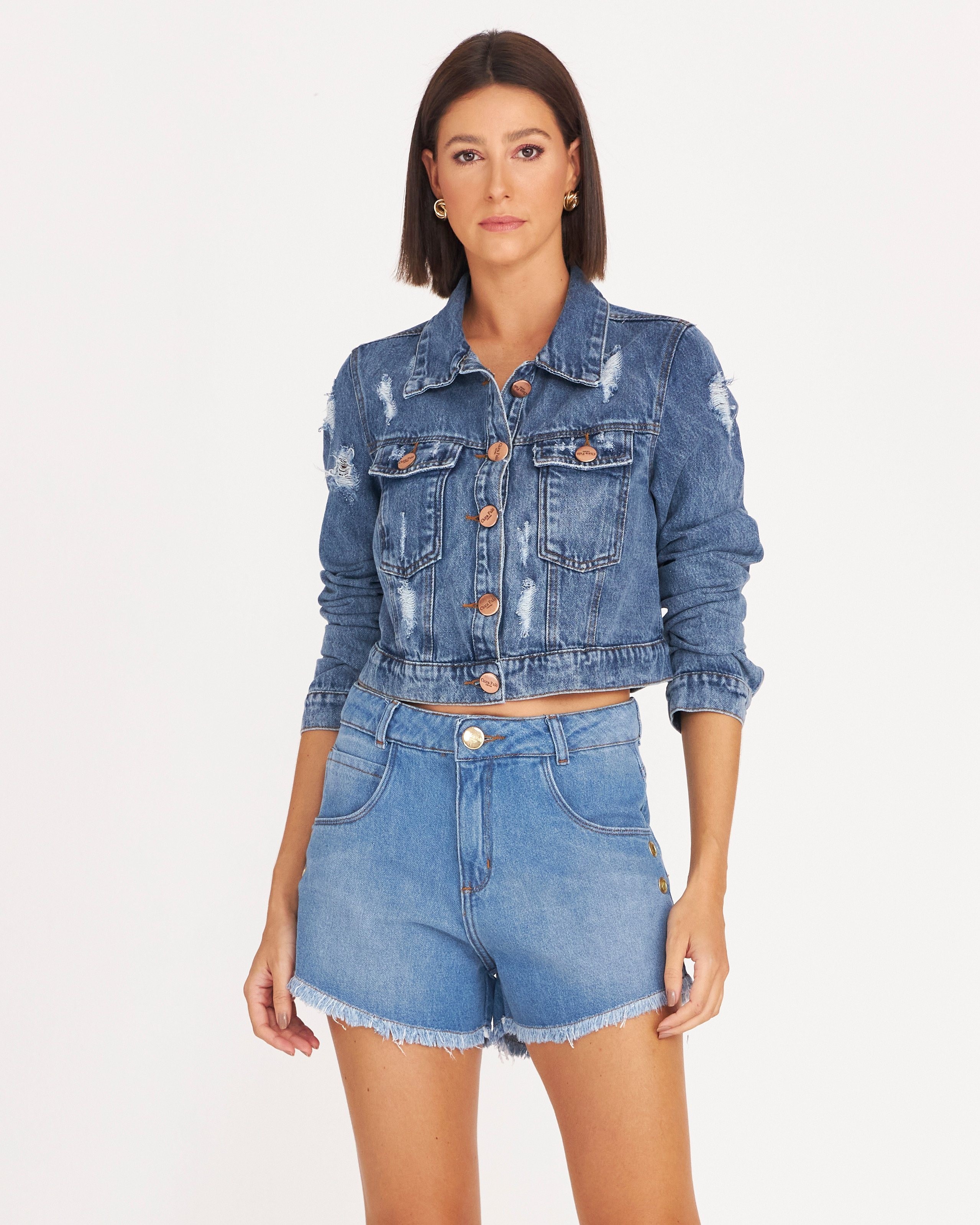 Jaqueta Jeans Cropped Com Bolsos Frente Chica Fulô