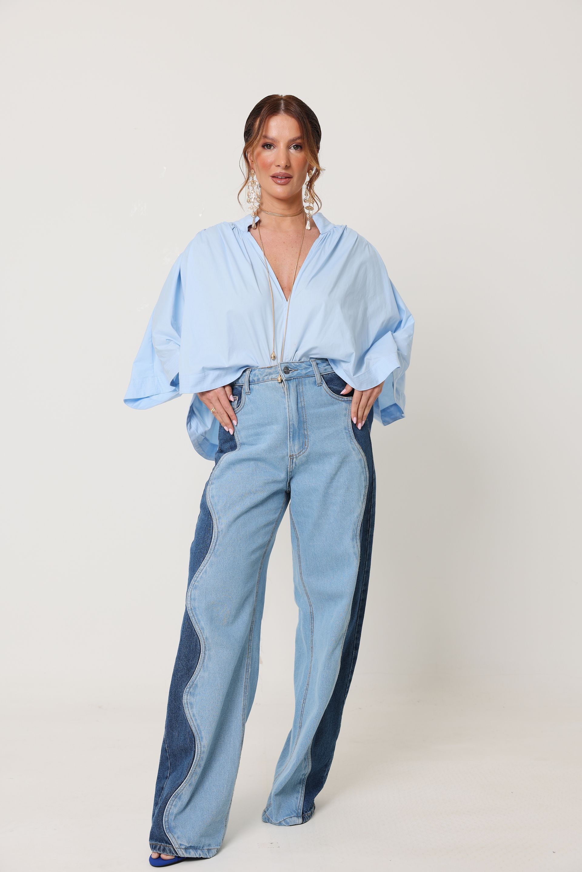 Calça Wide Leg Jeans Bicolor
