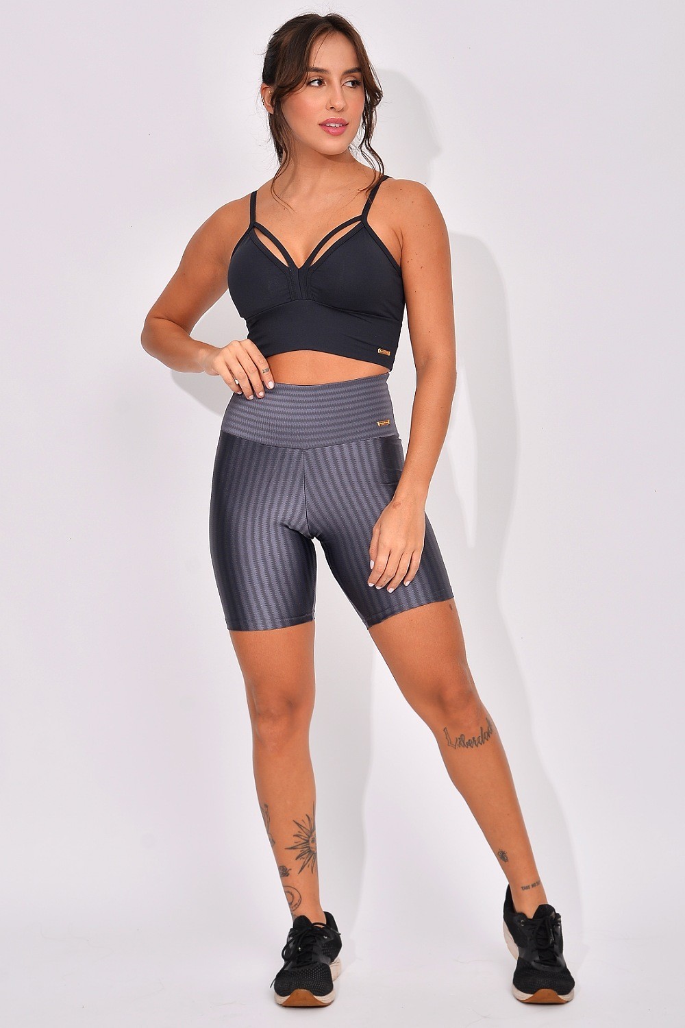 Conjunto Bermuda Cintura Alta Fitness Cinza New Vision