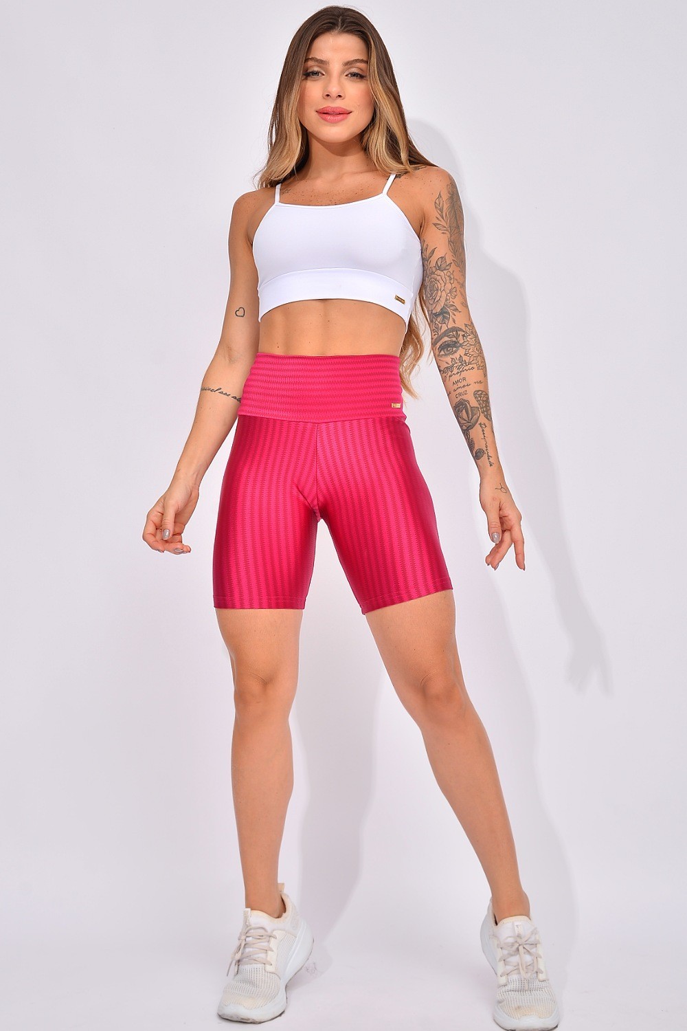 Conjunto Bermuda Cintura Alta Fitness Cereja New Vision