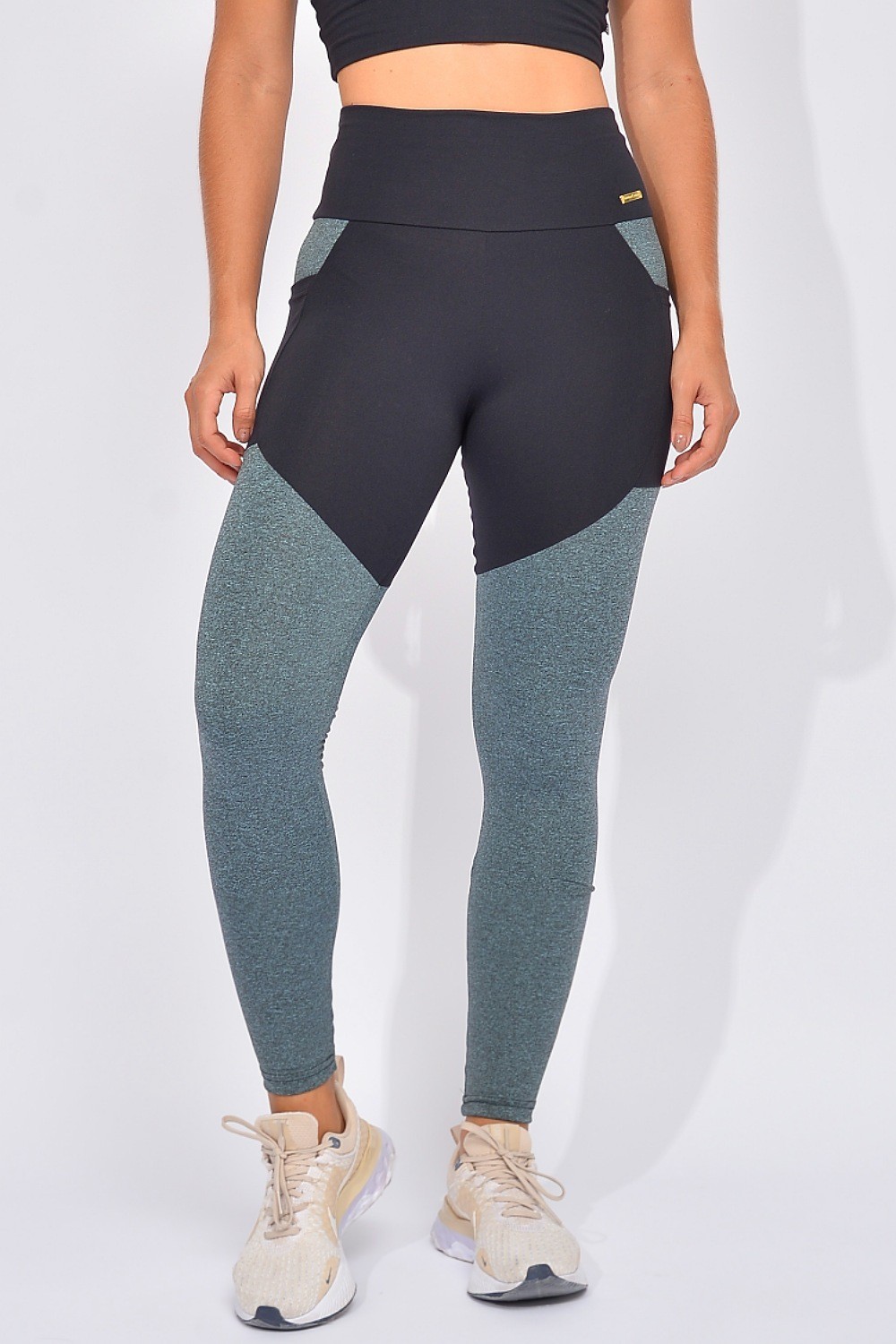 Legging Fitness Cintura Alta Preta e Mescla Push