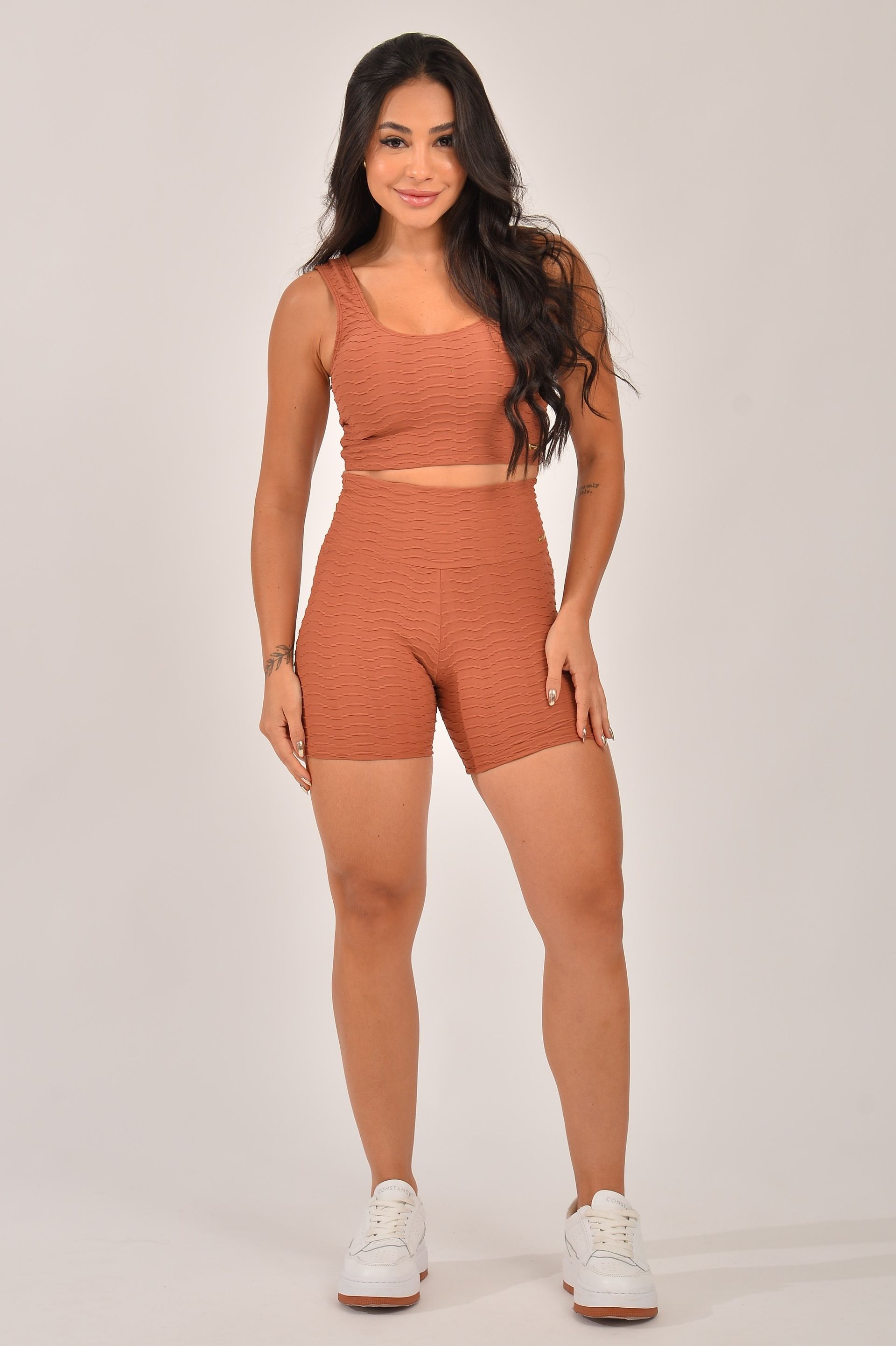 Conjunto Short Fitness Jacquard Marrom Active