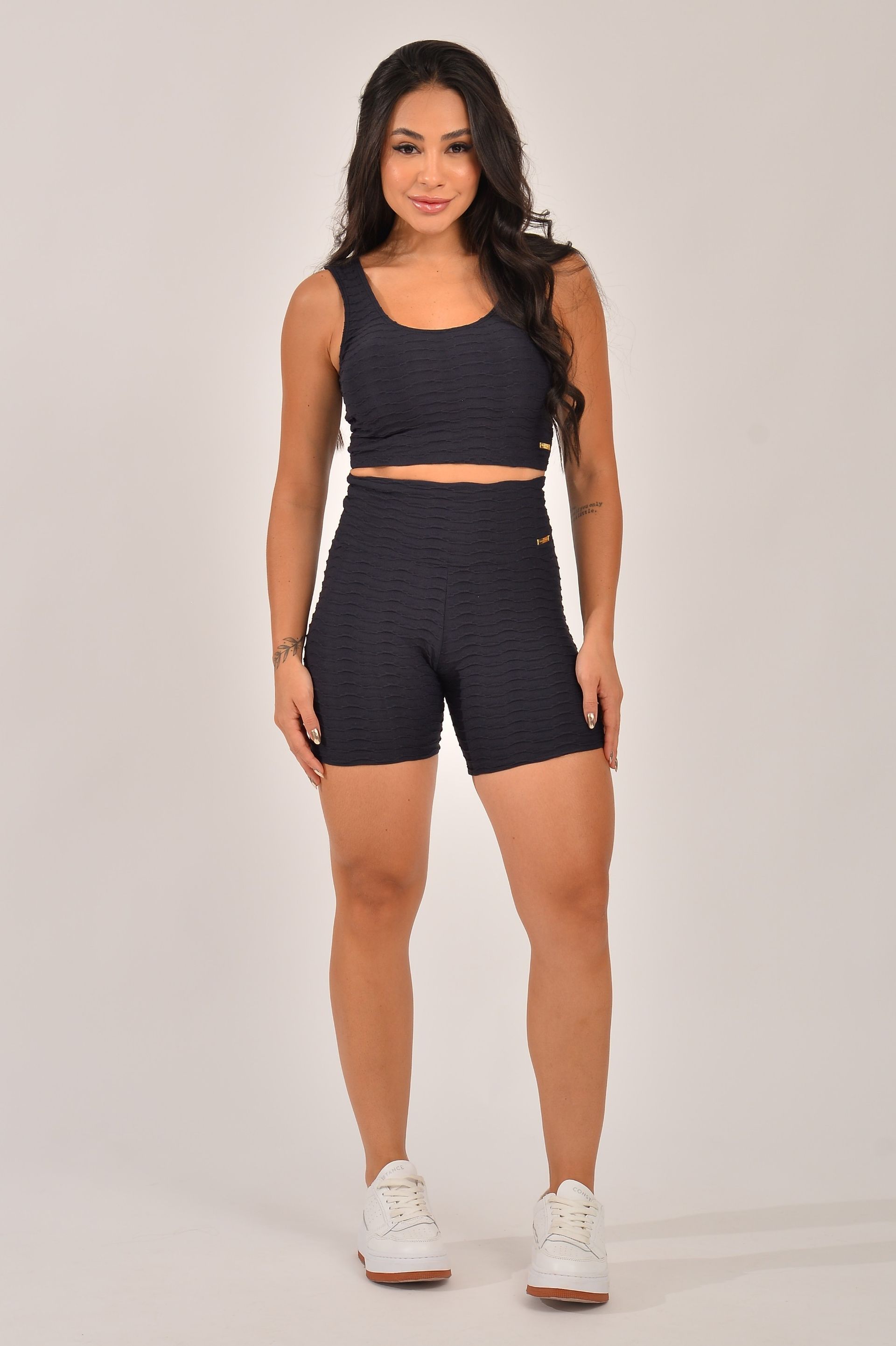 Conjunto Short Fitness Jacquard Preta Active