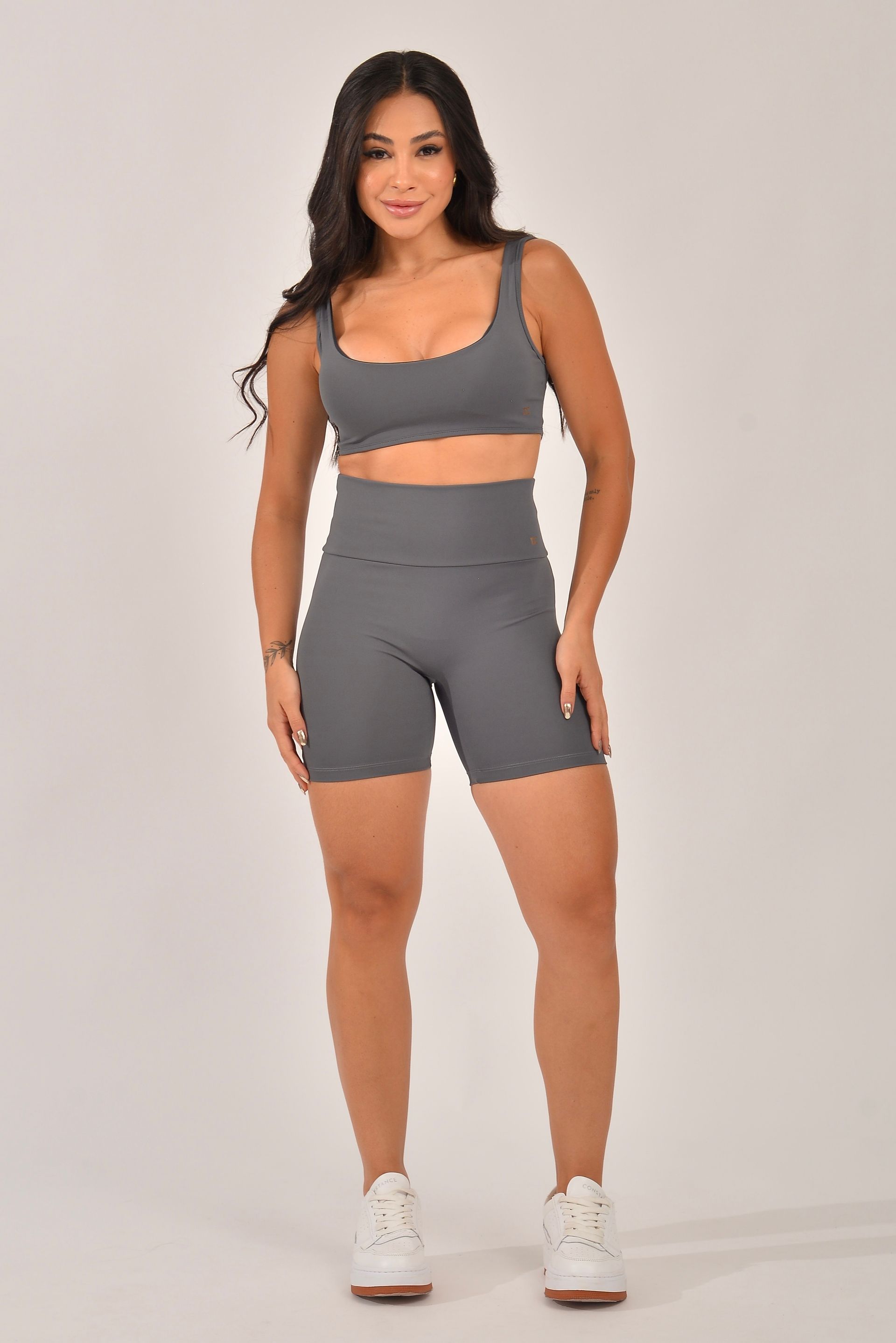 Conjunto Bermuda Fitness Cintura Alta Cinza Flex
