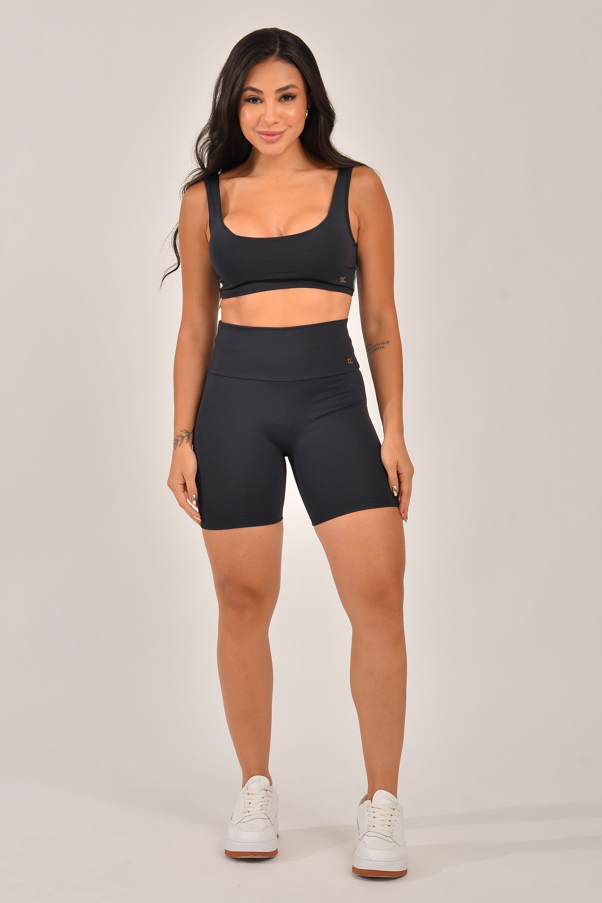 Conjunto Bermuda Fitness Cintura Alta Preta Flex