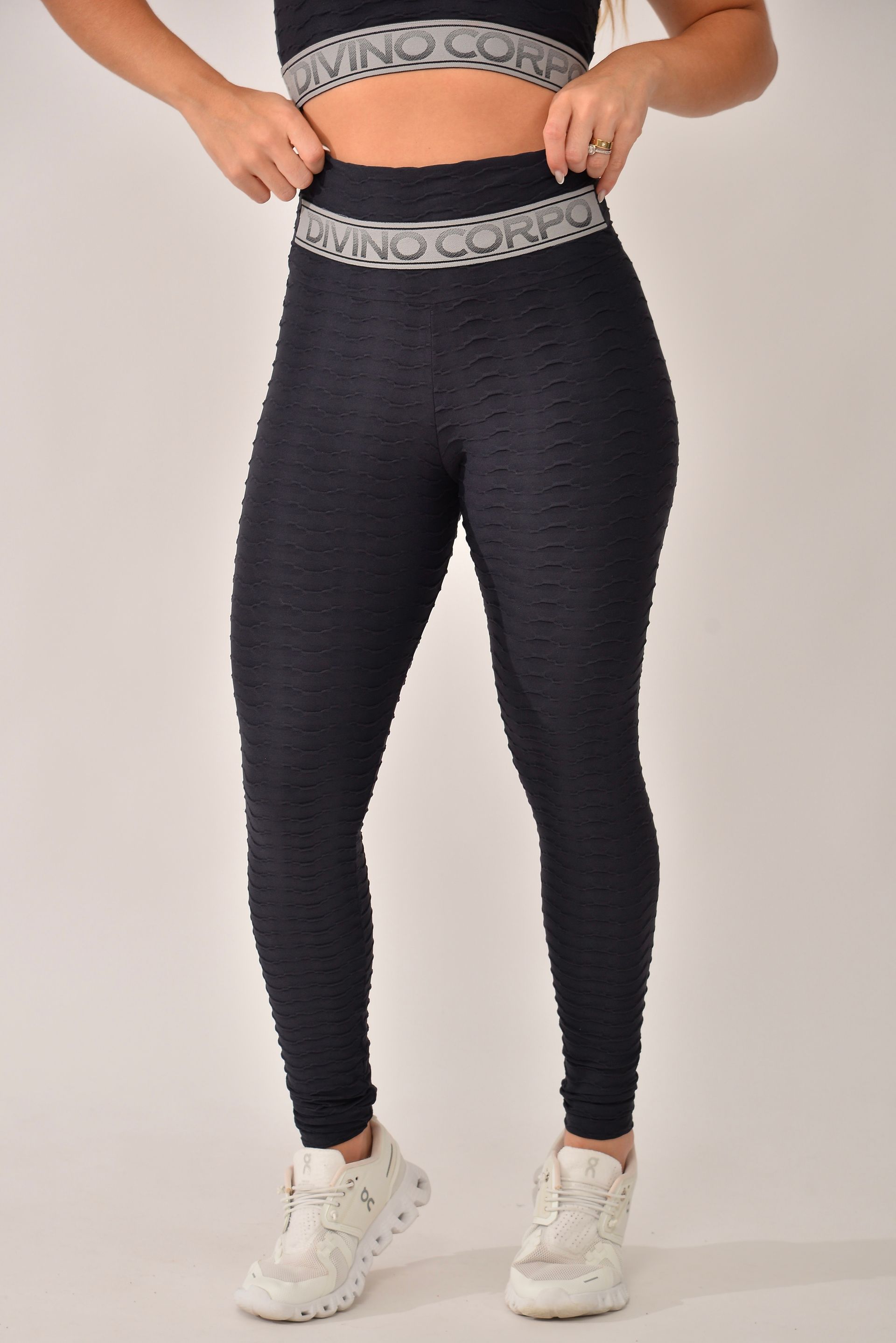 Legging Fitness Cintura Alta Preto Com Elástico Cinza Send