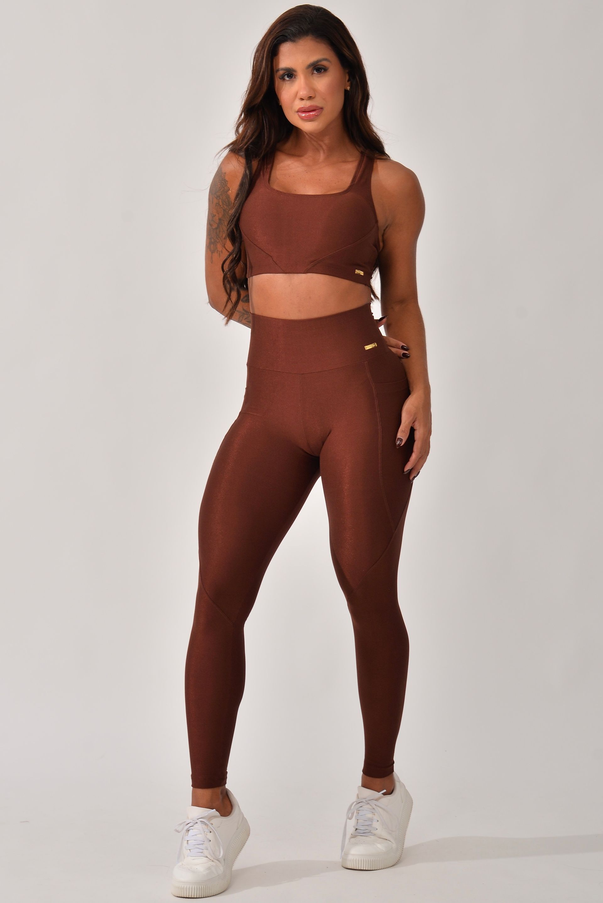 Conjunto Legging Fitness Com Bolso Marrom Pure