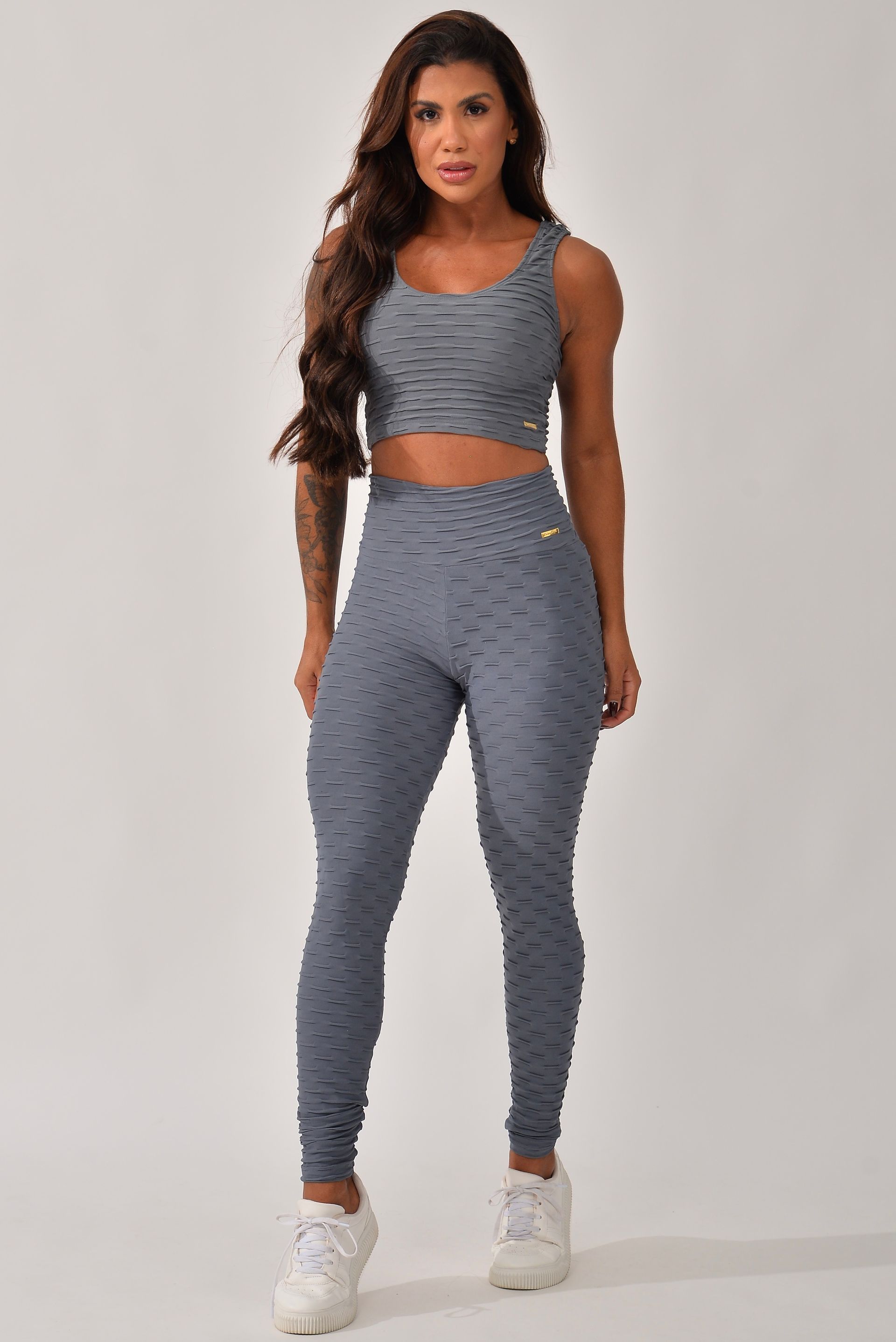 Conjunto Legging Fitness Cintura Alta Cinza Jacar Tulipa