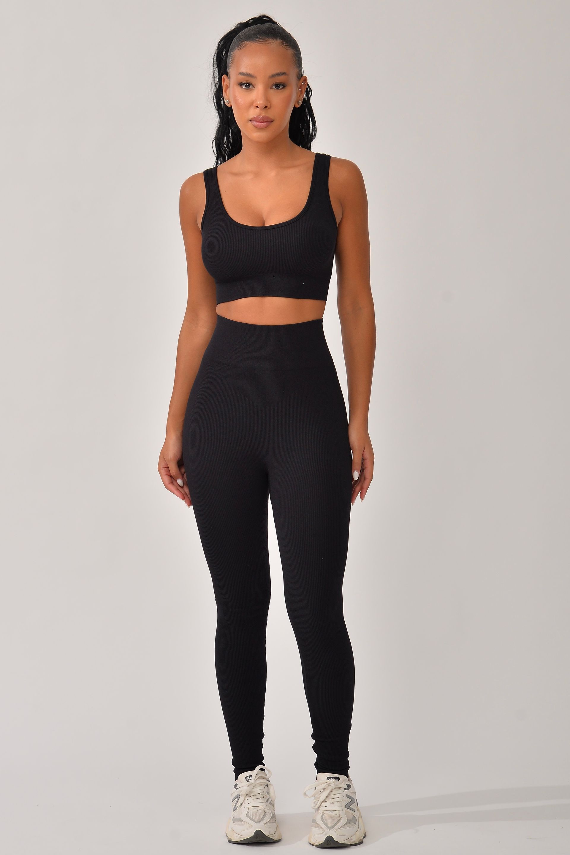 Conjunto Legging Canelada Cós Alto Preta Bela