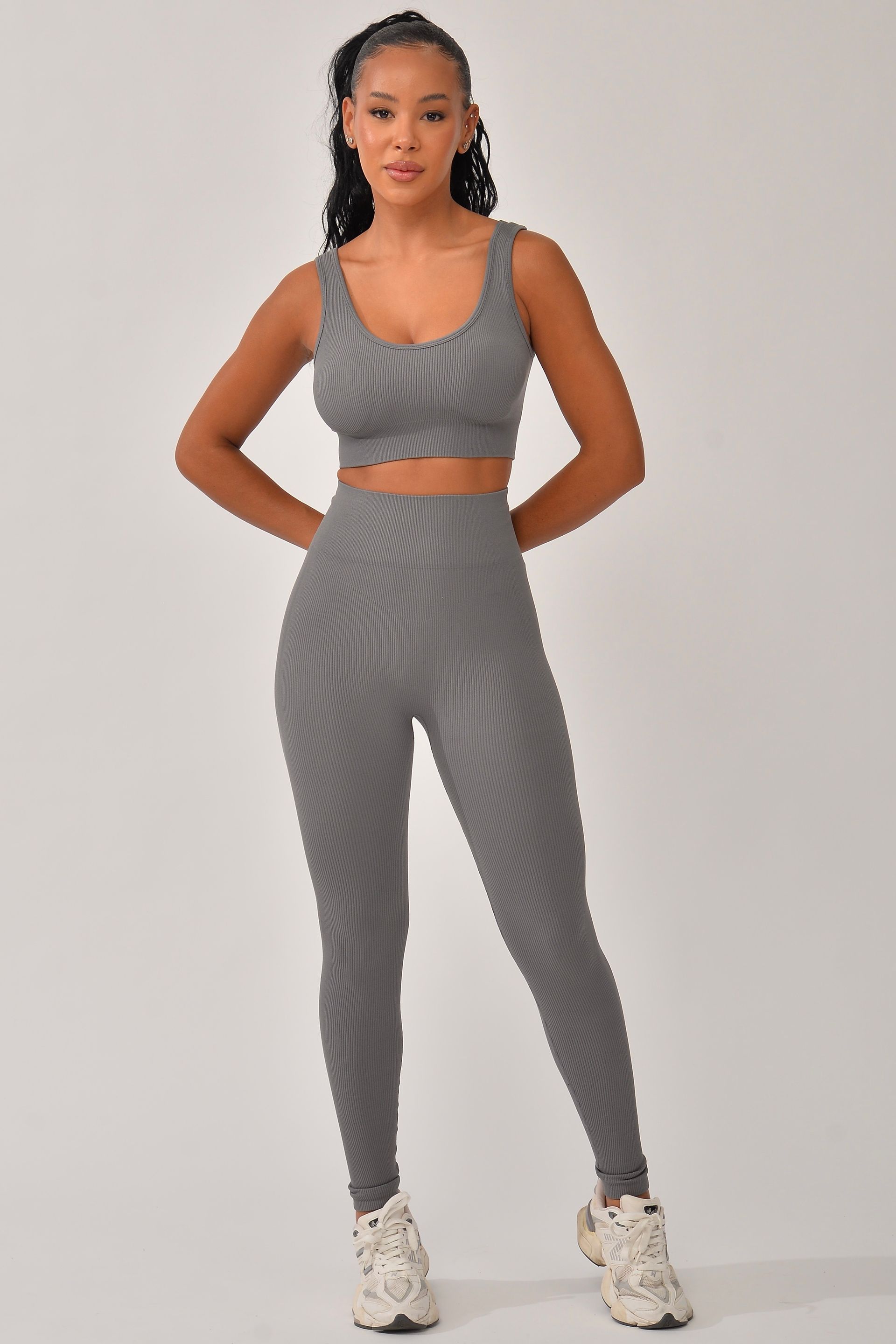 Conjunto Legging Canelada Cós Alto Cinza Bela