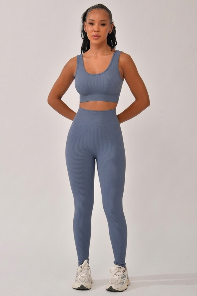 Conjunto Legging Canelada Cós Alto Azul Bela