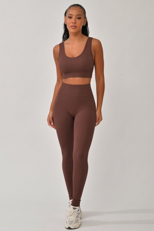 Conjunto Legging Canelada Cós Alto Marrom Bela