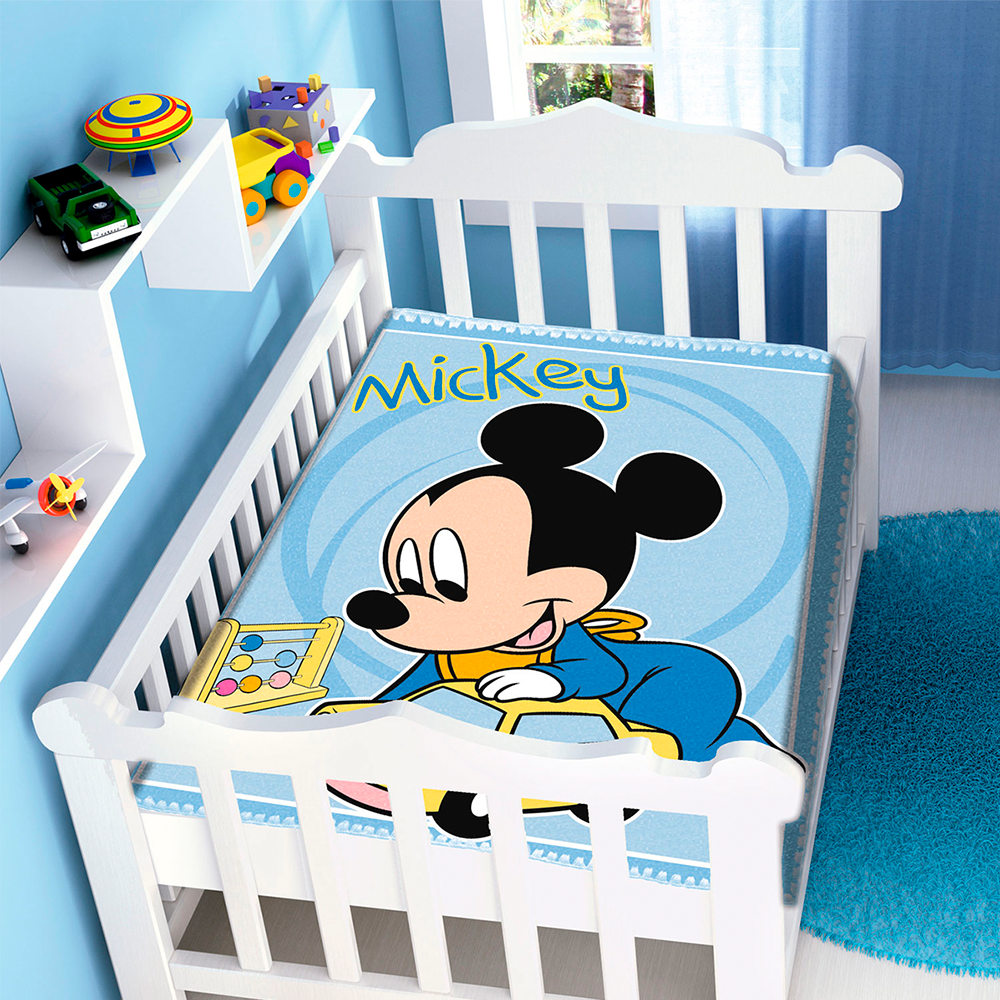 Cobertor de Berço Jolitex Raschel Mickey Mouse 90 x 110cm - Azul Carrinho