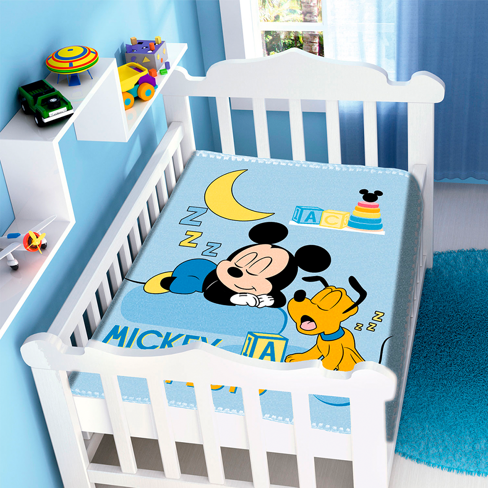 Cobertor de Berço Jolitex Raschel Mickey Mouse 90 x 110cm - Azul Sonhador