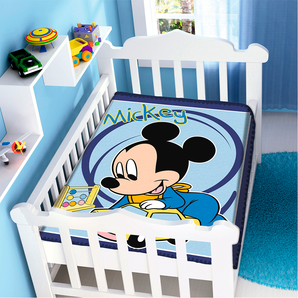 Cobertor de Berço Jolitex Raschel Mickey Mouse 90 x 110cm - Marinho Carrinho